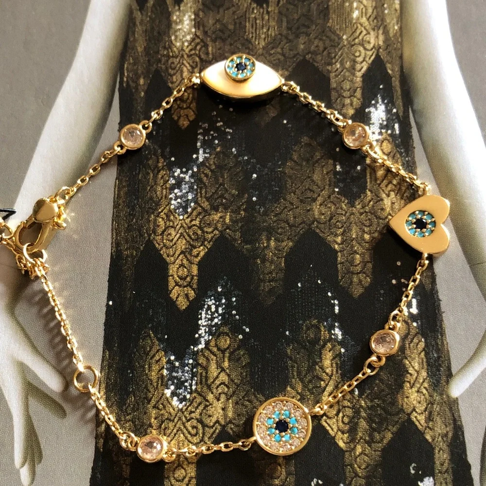 Authentic New on card kate spade evil eye Gold Crystal Station Chain Bracelet